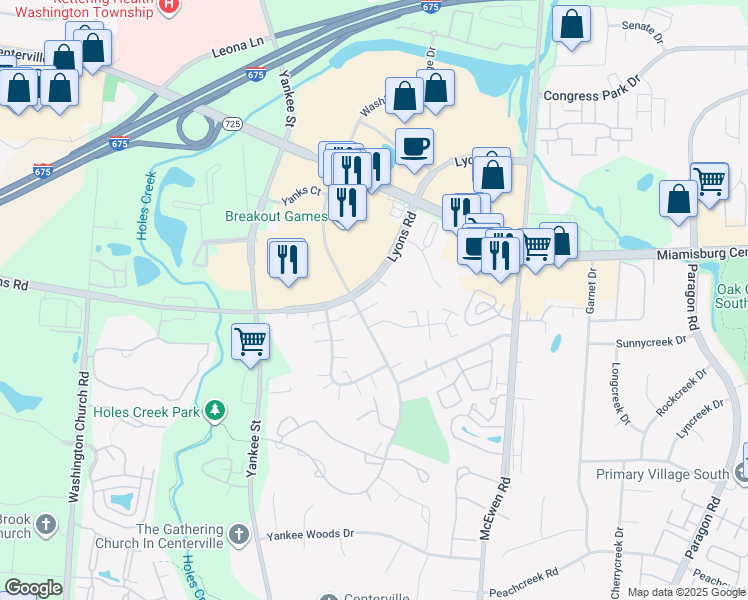 map of restaurants, bars, coffee shops, grocery stores, and more near 1291 Robbins Run Court in Dayton