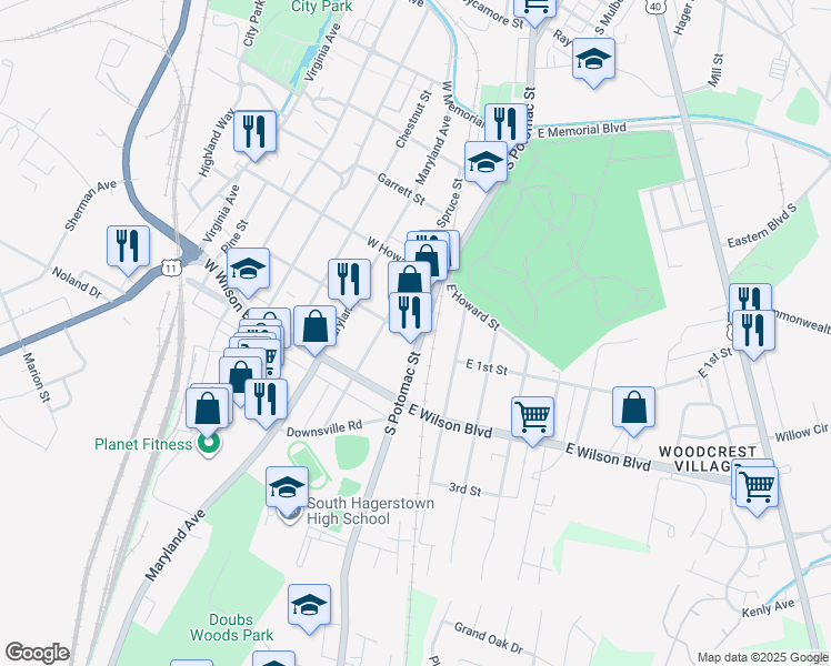 map of restaurants, bars, coffee shops, grocery stores, and more near 843 South Potomac Street in Hagerstown