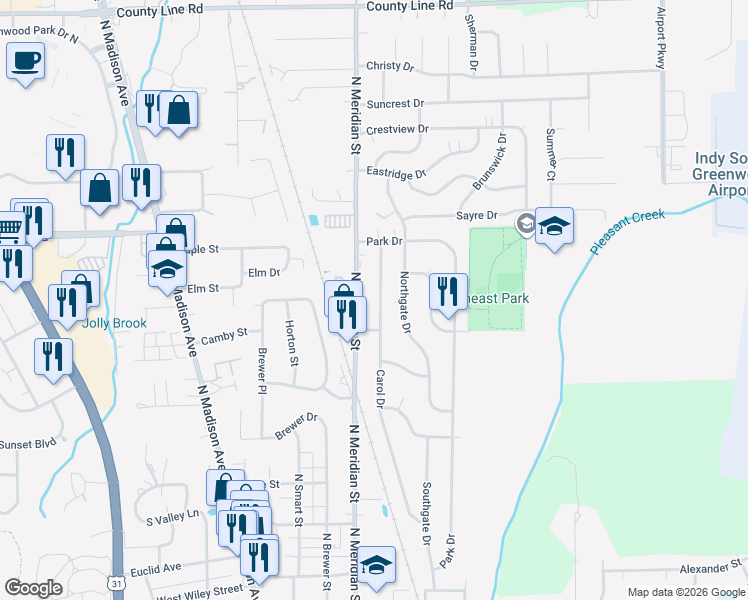 map of restaurants, bars, coffee shops, grocery stores, and more near 587 North Meridian Street in Greenwood