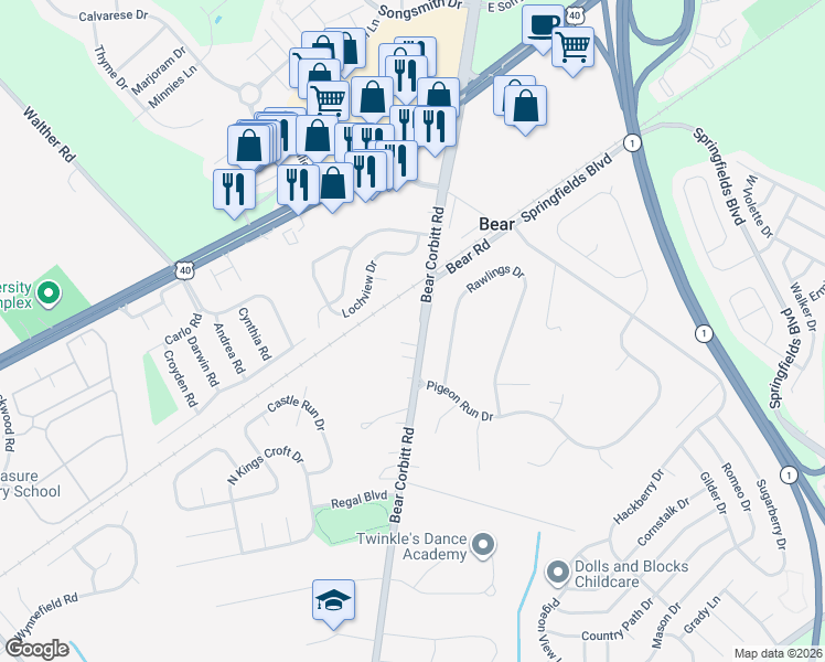map of restaurants, bars, coffee shops, grocery stores, and more near 1158 Bear Corbitt Road in Bear