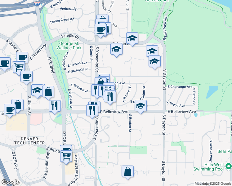 map of restaurants, bars, coffee shops, grocery stores, and more near 5031 South Beeler Street in Greenwood Village