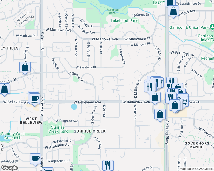 map of restaurants, bars, coffee shops, grocery stores, and more near 5044 South Newcombe Court in Littleton