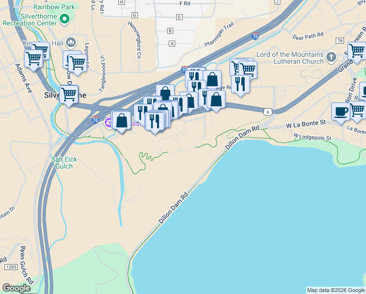 map of restaurants, bars, coffee shops, grocery stores, and more near 728 East Anemone Trail in Dillon