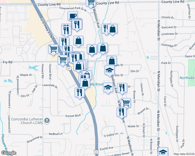 map of restaurants, bars, coffee shops, grocery stores, and more near 819 Riverside Drive in Greenwood
