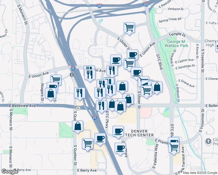 map of restaurants, bars, coffee shops, grocery stores, and more near 5062 South Syracuse Street in Denver