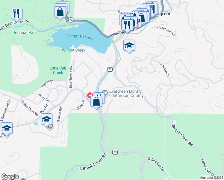 map of restaurants, bars, coffee shops, grocery stores, and more near 5017 Camel Heights Road in Evergreen