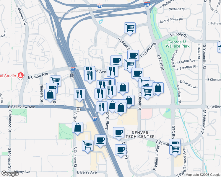 map of restaurants, bars, coffee shops, grocery stores, and more near 5050 South Syracuse Street in Denver