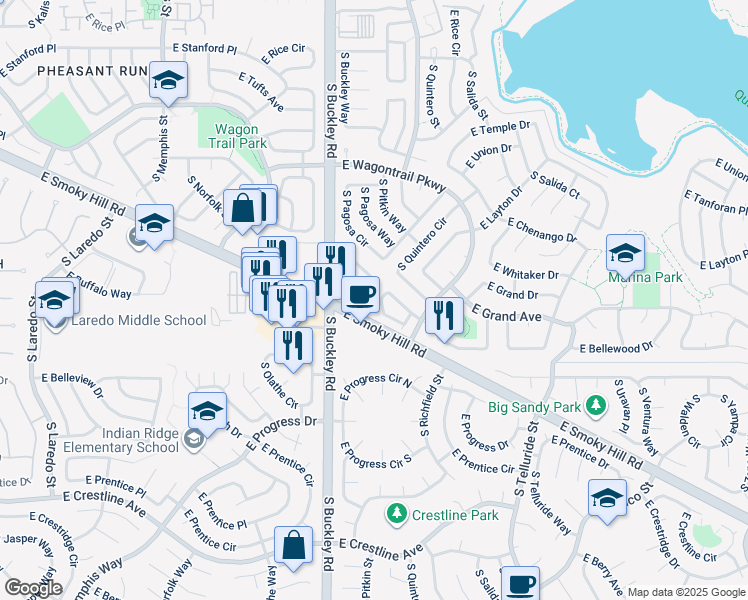 map of restaurants, bars, coffee shops, grocery stores, and more near 17000 East Smoky Hill Road in Centennial