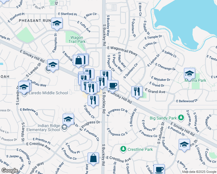 map of restaurants, bars, coffee shops, grocery stores, and more near in Centennial