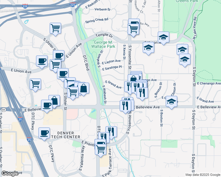 map of restaurants, bars, coffee shops, grocery stores, and more near 8664 East Monmouth Place in Denver