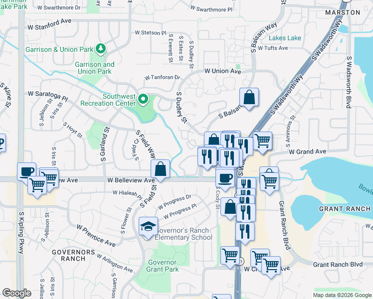 map of restaurants, bars, coffee shops, grocery stores, and more near 8901 West Belleview Avenue in Denver