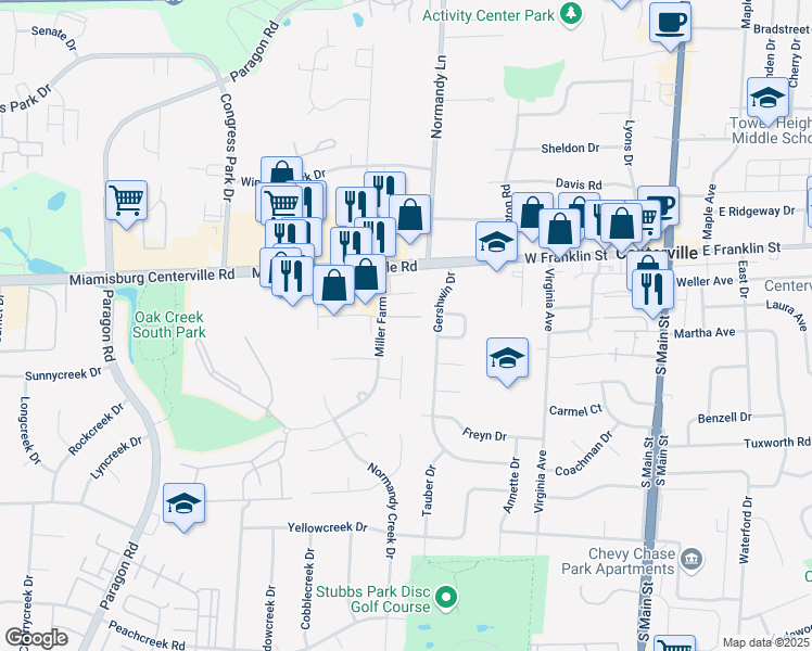 map of restaurants, bars, coffee shops, grocery stores, and more near 8100 Julian Place in Dayton