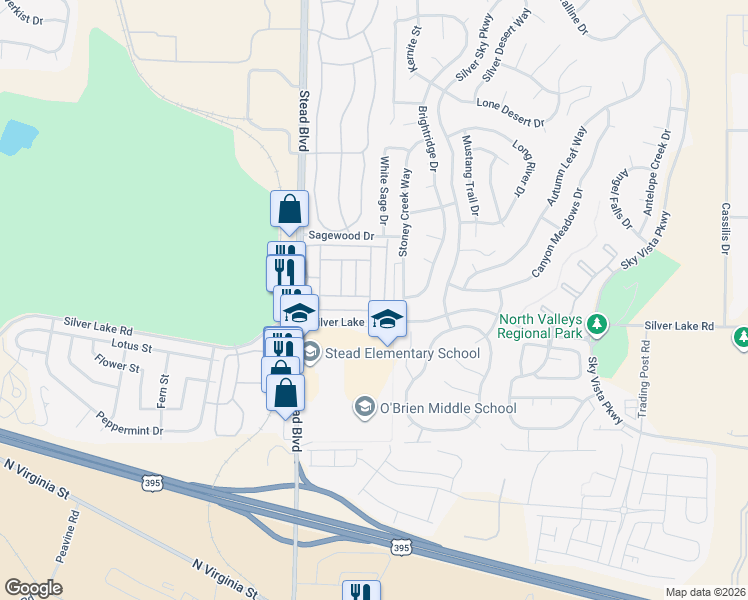 map of restaurants, bars, coffee shops, grocery stores, and more near 5910 Silver Lake Road in Reno