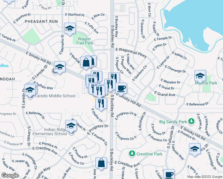 map of restaurants, bars, coffee shops, grocery stores, and more near East Smoky Hill Road & South Buckley Road in Aurora