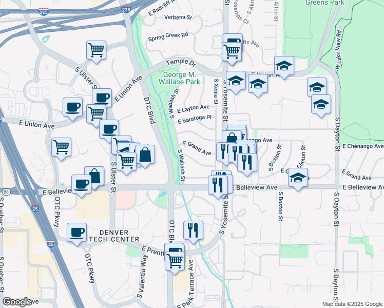 map of restaurants, bars, coffee shops, grocery stores, and more near 8664 East Monmouth Place in Denver