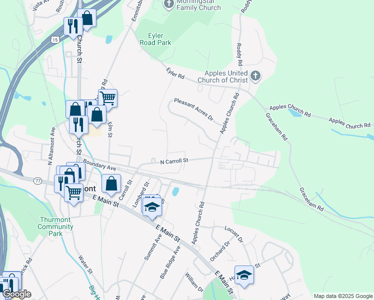 map of restaurants, bars, coffee shops, grocery stores, and more near 143 North Carroll Street in Thurmont