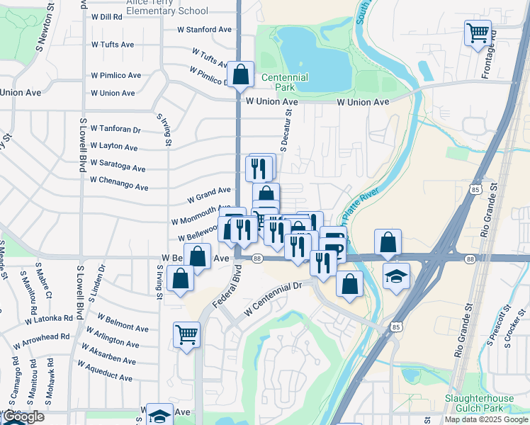 map of restaurants, bars, coffee shops, grocery stores, and more near 5050 South Federal Boulevard in Englewood
