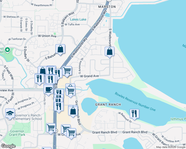 map of restaurants, bars, coffee shops, grocery stores, and more near 7879 West Grand Avenue in Littleton