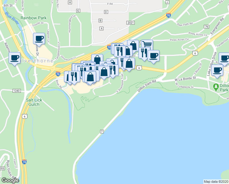 map of restaurants, bars, coffee shops, grocery stores, and more near 720 East Anemone Trail in Silverthorne