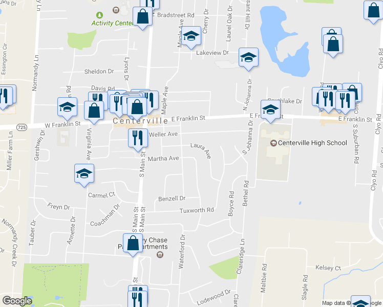 map of restaurants, bars, coffee shops, grocery stores, and more near 103 Martha Avenue in Dayton