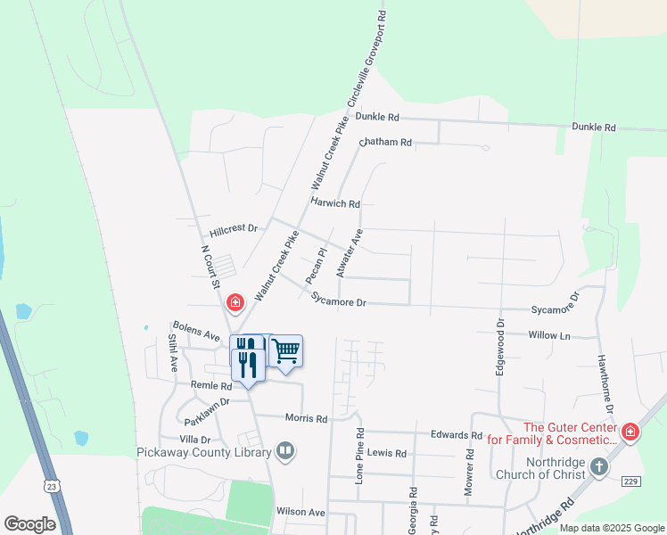 map of restaurants, bars, coffee shops, grocery stores, and more near 445 Hillcrest Drive in Circleville