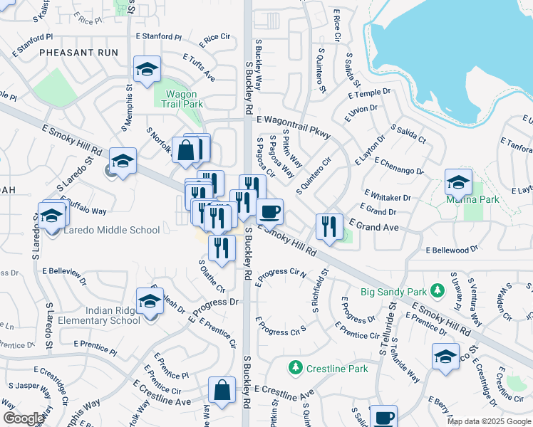 map of restaurants, bars, coffee shops, grocery stores, and more near 16932 East Chenango Avenue in Aurora
