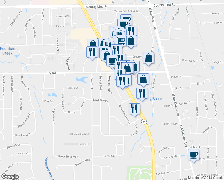 map of restaurants, bars, coffee shops, grocery stores, and more near 765 Wooddale Terrace in Greenwood