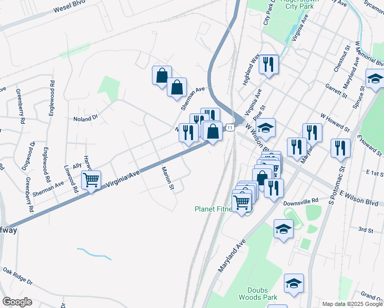 map of restaurants, bars, coffee shops, grocery stores, and more near 1084 Virginia Avenue in Hagerstown