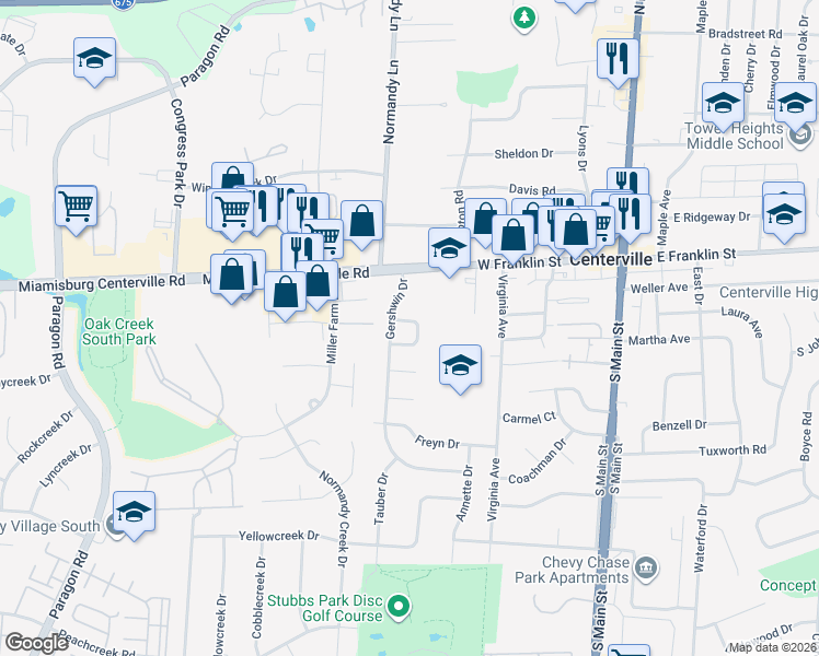 map of restaurants, bars, coffee shops, grocery stores, and more near 31 Gershwin Drive in Dayton
