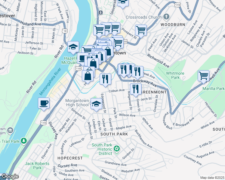 map of restaurants, bars, coffee shops, grocery stores, and more near 100-102 Maryland Street in Morgantown