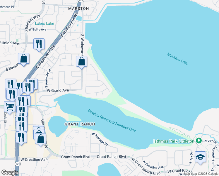 map of restaurants, bars, coffee shops, grocery stores, and more near 7423 West Layton Way in Littleton