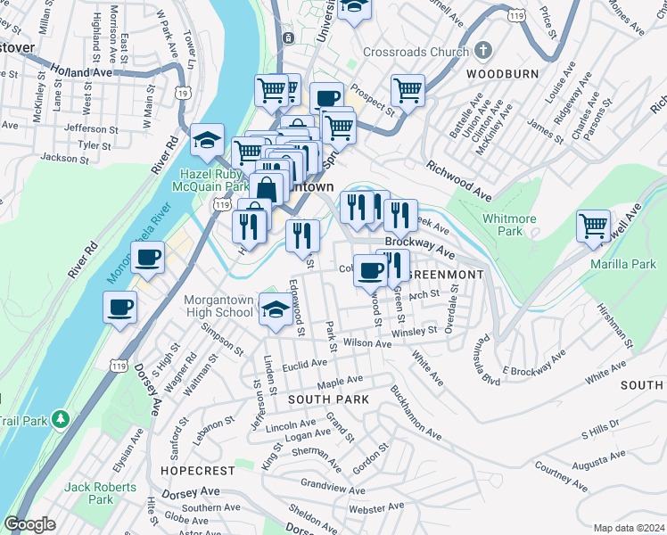 map of restaurants, bars, coffee shops, grocery stores, and more near 100-102 Maryland Street in Morgantown