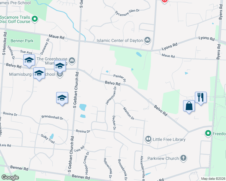 map of restaurants, bars, coffee shops, grocery stores, and more near 619 Jamestown Drive in Miamisburg