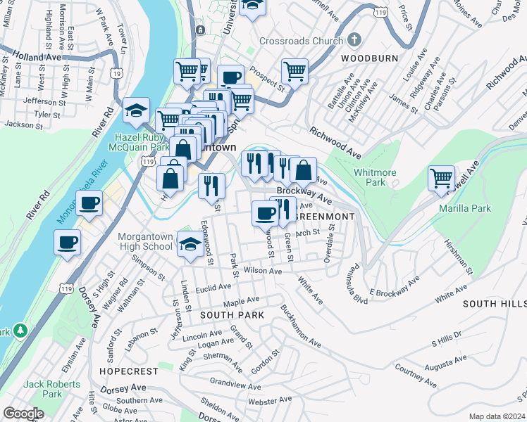 map of restaurants, bars, coffee shops, grocery stores, and more near Cobun Avenue in Morgantown