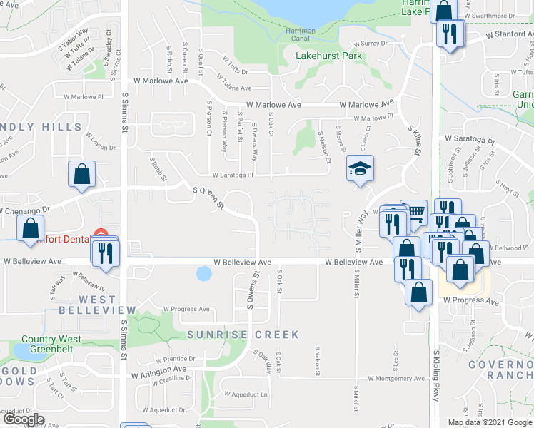map of restaurants, bars, coffee shops, grocery stores, and more near 10847 West Dumbarton Drive in Littleton