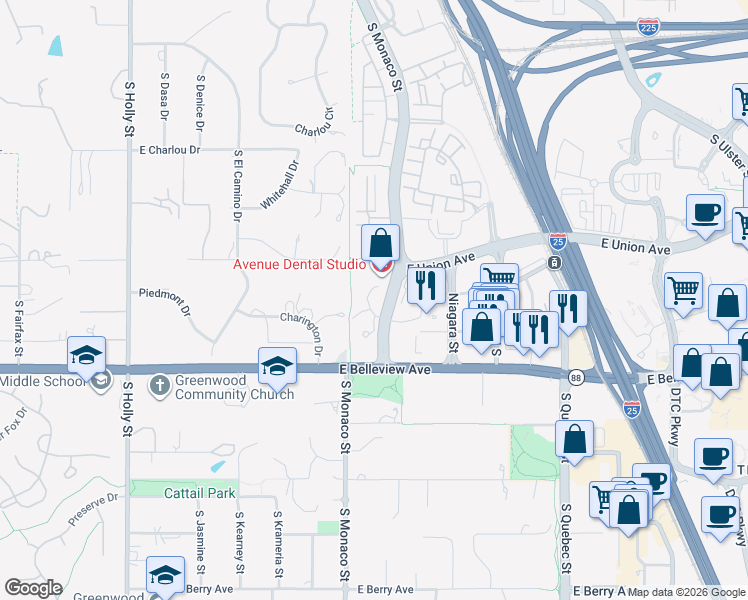 map of restaurants, bars, coffee shops, grocery stores, and more near 4875 South Monaco Street in Denver
