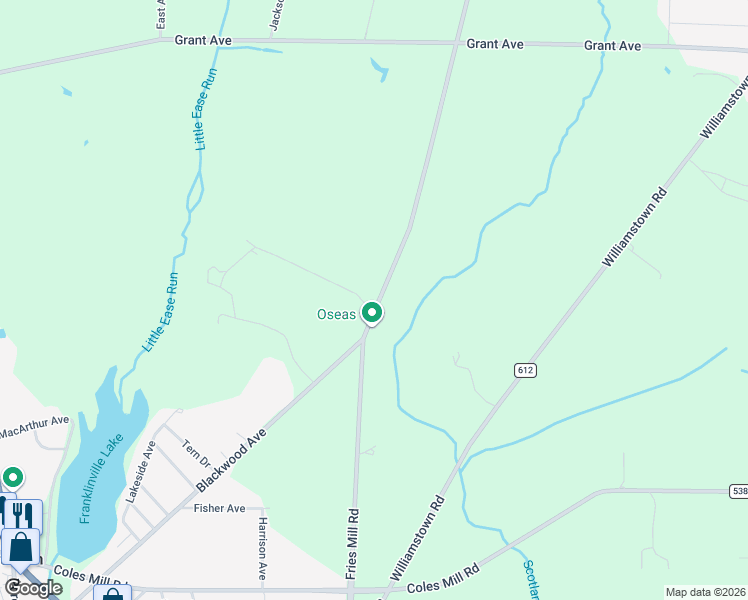 map of restaurants, bars, coffee shops, grocery stores, and more near 893 Fries Mill Road in Franklin