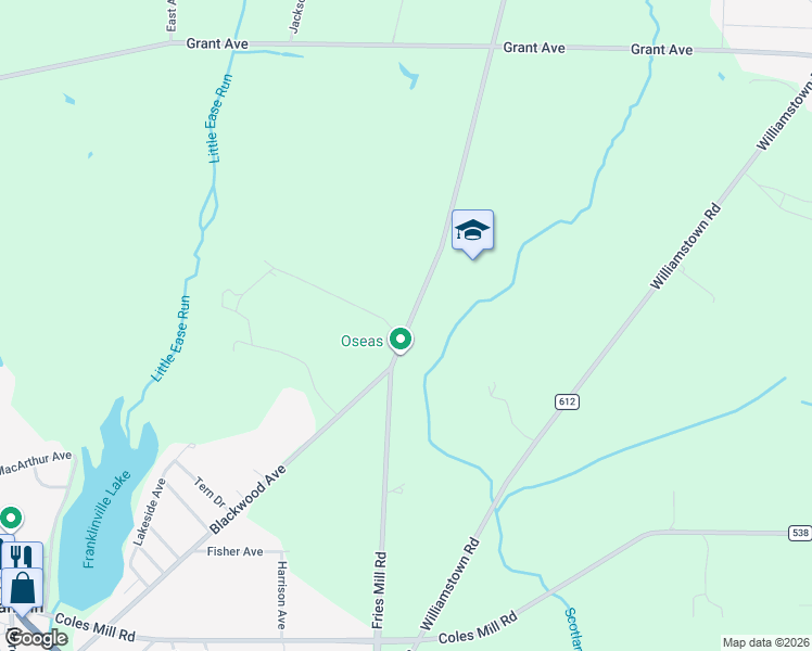 map of restaurants, bars, coffee shops, grocery stores, and more near 893 Fries Mill Road in Franklin