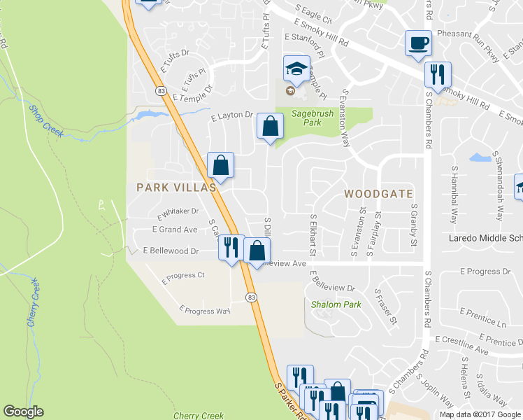 map of restaurants, bars, coffee shops, grocery stores, and more near 4956 South Dillon Street in Aurora