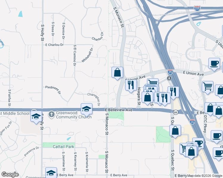 map of restaurants, bars, coffee shops, grocery stores, and more near 4725 South Monaco Street in Denver