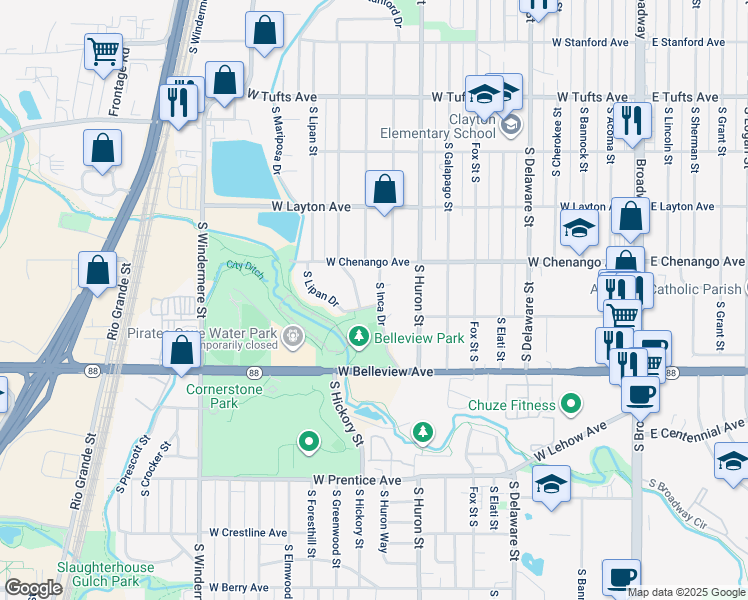 map of restaurants, bars, coffee shops, grocery stores, and more near 4936 South Kalamath Drive in Englewood