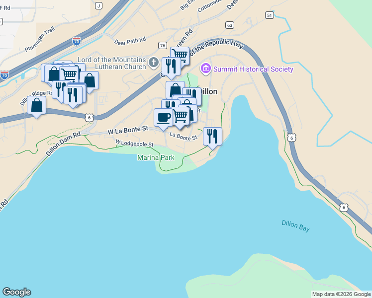 map of restaurants, bars, coffee shops, grocery stores, and more near 140 La Bonte Street in Dillon