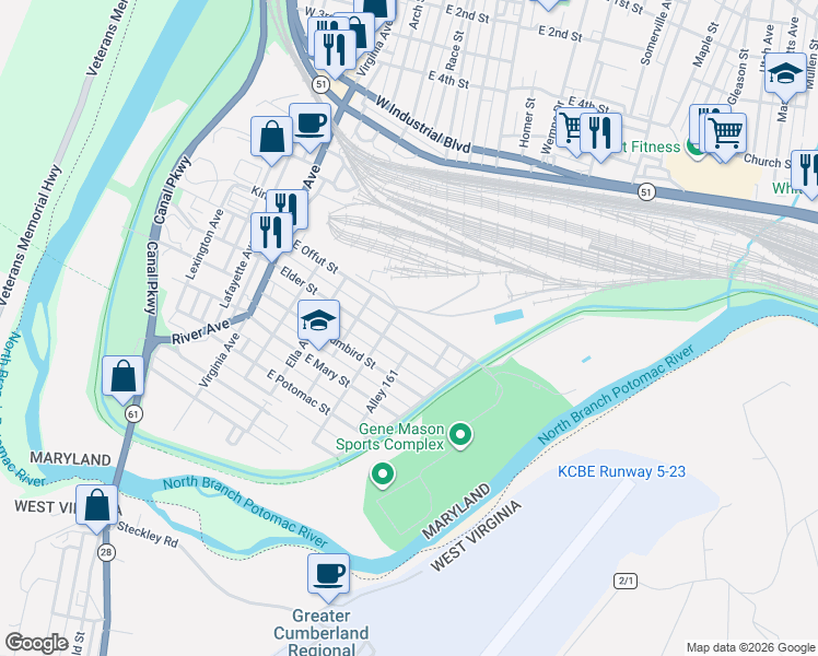 map of restaurants, bars, coffee shops, grocery stores, and more near 217 East Offut Street in Cumberland