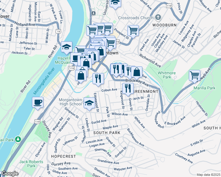 map of restaurants, bars, coffee shops, grocery stores, and more near 113 South Walnut Street in Morgantown
