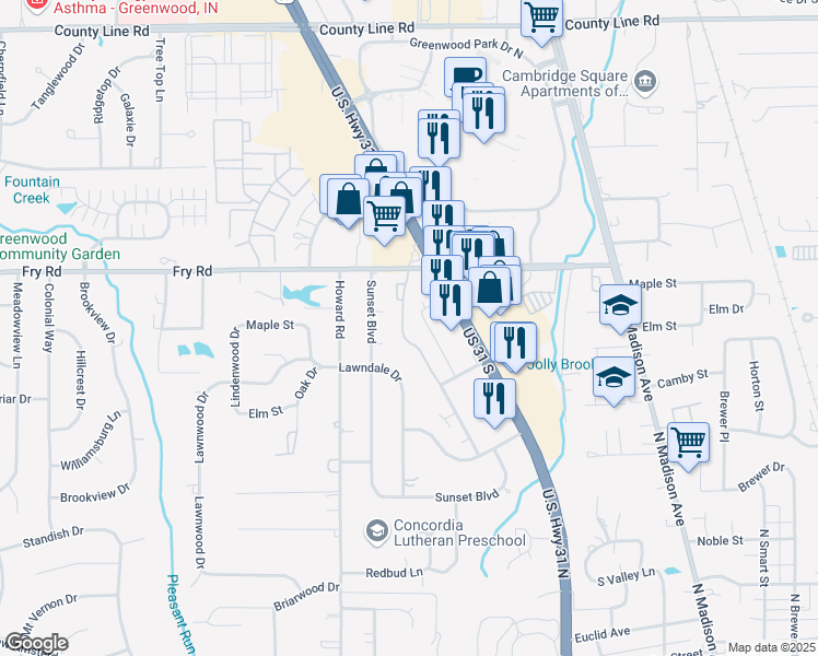 map of restaurants, bars, coffee shops, grocery stores, and more near 765 Wooddale Terrace in Greenwood