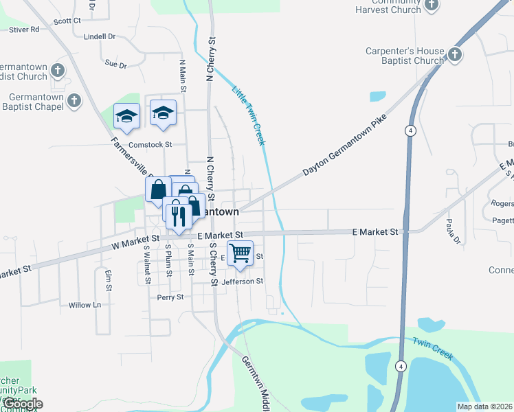 map of restaurants, bars, coffee shops, grocery stores, and more near 340 Dayton Germantown Pike in Germantown