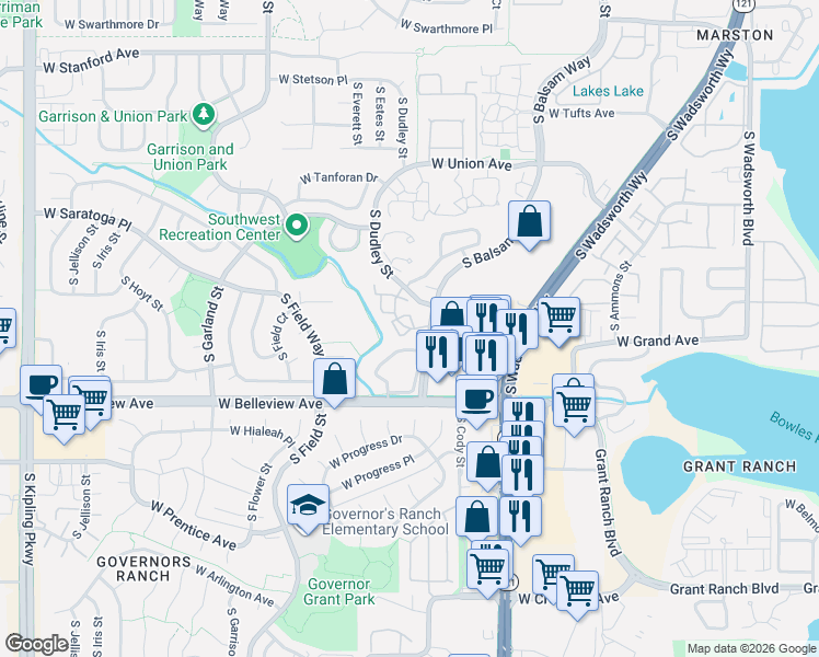 map of restaurants, bars, coffee shops, grocery stores, and more near 4801 South Dudley Street in Denver