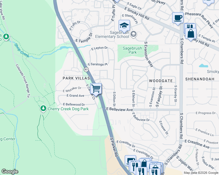 map of restaurants, bars, coffee shops, grocery stores, and more near 14256 East Whitaker Place in Aurora