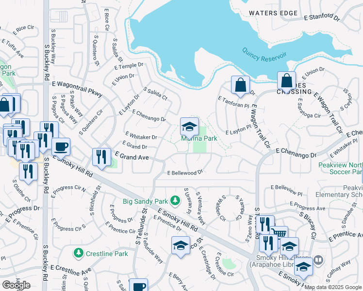 map of restaurants, bars, coffee shops, grocery stores, and more near 17901 East Grand Avenue in Aurora
