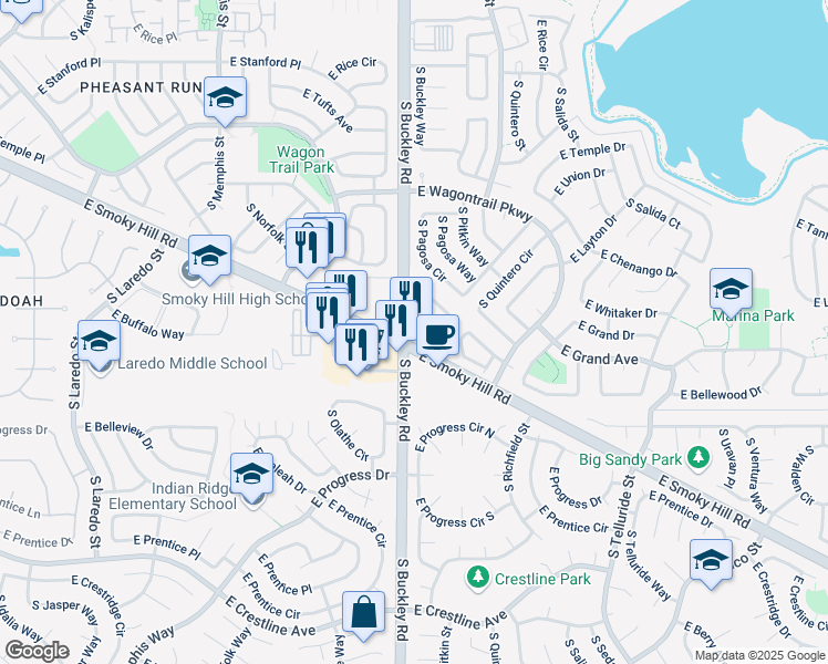 map of restaurants, bars, coffee shops, grocery stores, and more near 16966 East Piedmont Drive in Aurora